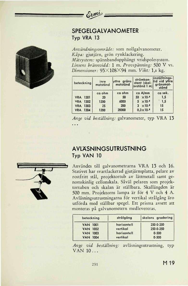 <PW ^ SPEGELGALANOMETER Typ RA 13 Användningsområde: som nollgalvanometer. Kåpa: gjutjärn, grön rynklackering. Mätsystem: spännbandupphängt vridspolesystem. Linsens brännvidd: 1 m.