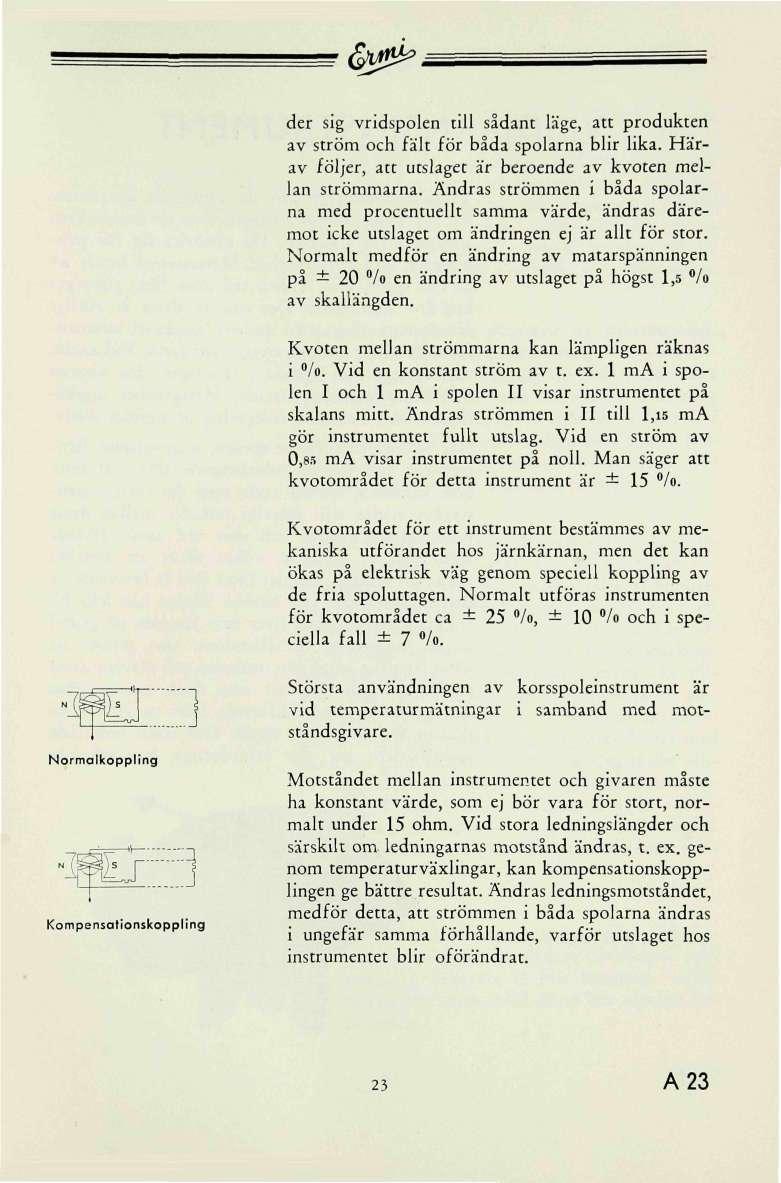 <s^>, der sig vridspolen till sådant läge, att produkten av ström och fält för båda spolarna blir lika. Härav följer, att utslaget är beroende av kvoten mellan strömmarna.