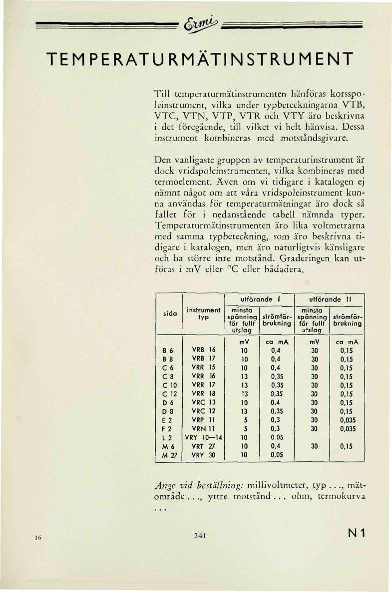 TEMPERATURMÄTINSTRUMENT Till temperaturmätinstrumenten hänföras korsspoleinstrument, vilka under typbeteckningarna TB, TC, TN, TP, TR och TY äro beskrivna i det föregående, till vilket vi helt