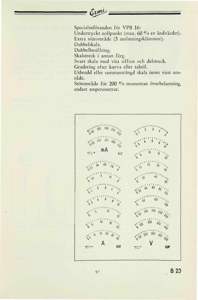 Specialutföranden för PB 16: Undertryckt nollpunkt (max. % av ändvärdet). Extra mätområde (3 anslutningsklämmor). Dubbelskala. Dubbelbesiffring. Skalstreck i annan färg.