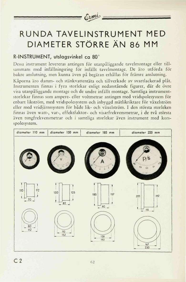 &2^ RUNDA TAELINSTRUMENT MED DIAMETER STÖRRE ÄN 86 MM R-INSTRUMENT, utslagsvinkel ca 80 Dessa instrument levereras antingen för utanpåliggande tavelmontage eller tillsammans med infällningsring för