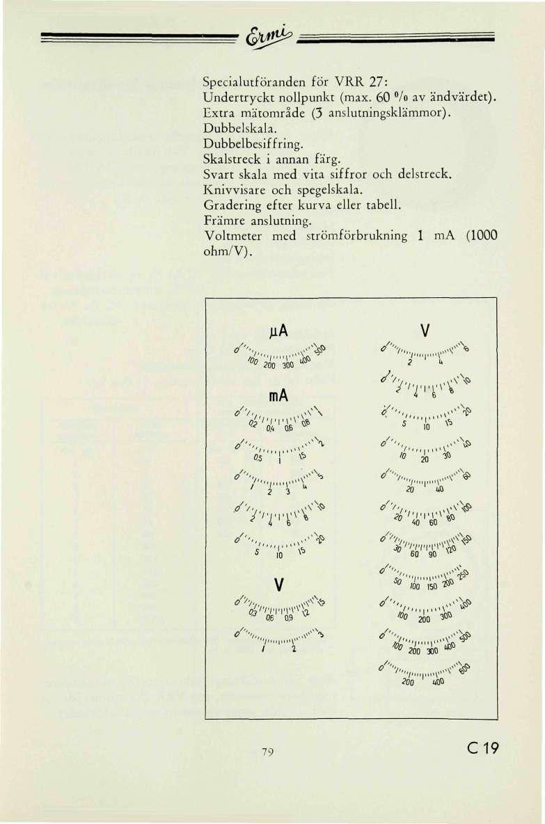 < w > Specialutföranden för RR 27: Undertryckt nollpunkt (max. % av ändvärdet). Extra mätområde (3 anslutningsklämmor). Dubbelskala. Dubbelbesiffring. Skalstreck i annan färg.