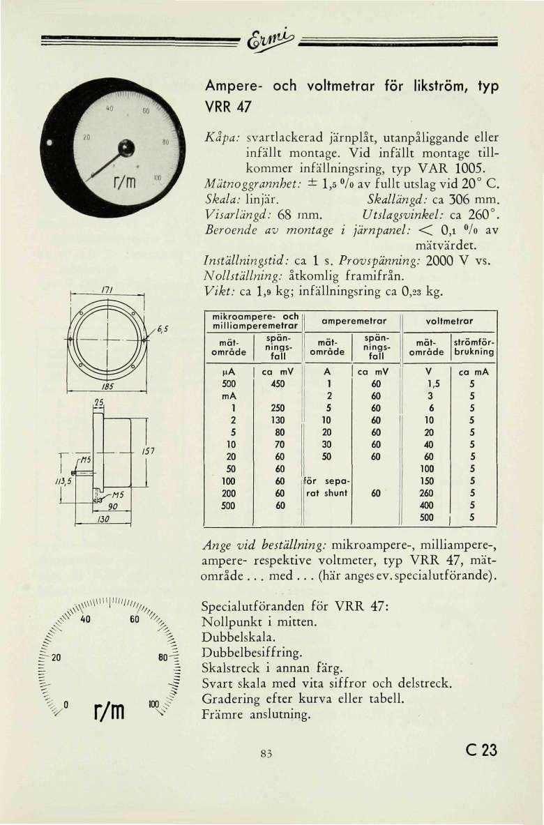 typ& Ampere- och voltmetrar för likström, typ RR47 Kåpa: svartlackerad järnplåt, utanpåliggande eller infällt montage. id infällt montage tillkommer infällningsring, typ AR 0.
