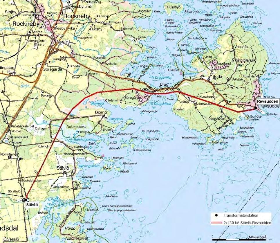 Figur 1. Karta över befintlig 2x130 kv luftledning (röd linje) mellan Stävlö och Revsudden. 1.2 E.ON Energidistribution AB E.ON Energidistribution AB ingår i E.