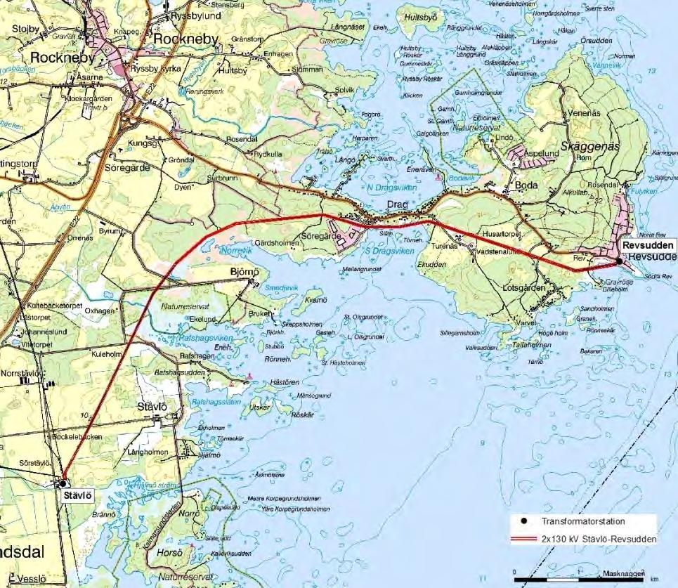 Figur 1. Karta över befintlig 2x130 kv luftledning (röd linje) mellan Stävlö och Revsudden. 1.2 E.ON Energidistribution AB E.ON Energidistribution AB ingår i E.