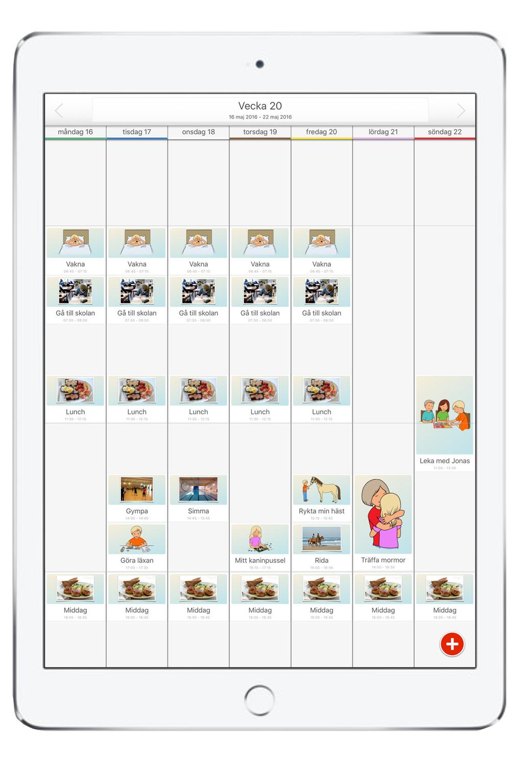 2. Veckoschema Tryck här för att gå direkt till en veckodag. Tryck här för att gå till en vecka. Tryck på en händelse för att se alla detaljer. Tryck för att skapa en ny händelse.