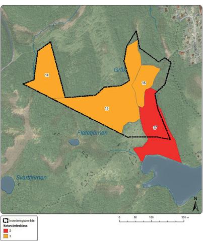 Karta med delinventeringsområde 4 och beskrivningar av objekt 14-17 Karta som visar avgränsningen för hela