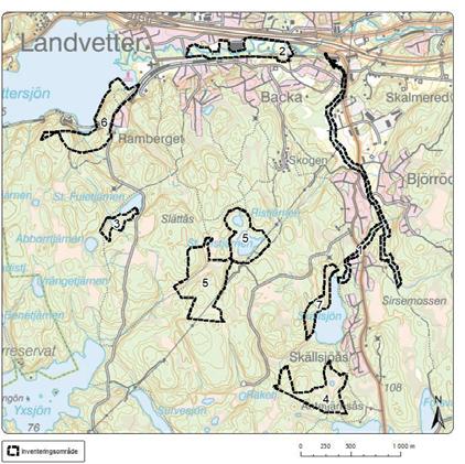 Figur 3. Karta över inventeringsområdet vid Landvetter södra indelat i delinventeringsområden.