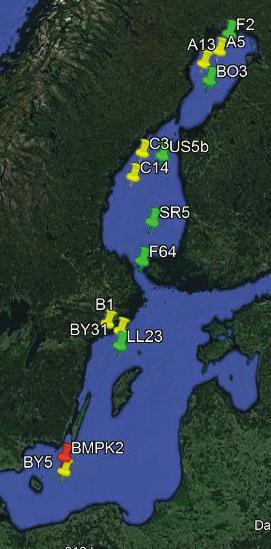 Data som använts för utveckling och analys av MSTS (Bild 2) kom från: Svenska nationella miljöövervakningsprogrammet (Fria vattenmassan): Bottniska viken (stationerna A13, 1994-2015, och A5,