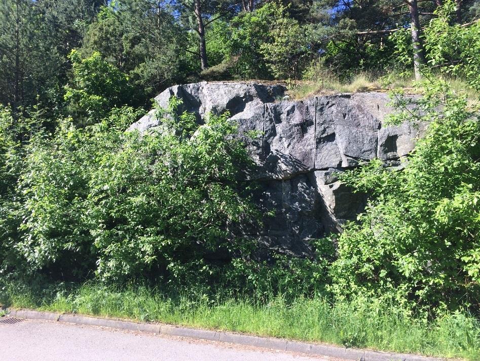 Den utmed Valebergsvägen högsta bergskärningen bedöms vara stabil det föreligger ingen risk för blockutfall för befintliga förhållanden, se figur 1 och foto 3. Foto 2.