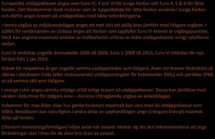 1 Avgaser 1.1 Utsläppsklasser Uppföljning, se avsnitt 5.1.1. Under hela avtalsperioden ansvarar Trafikföretaget för att fordonen underhålls så att utsläppsvärden enligt fordonets typgodkännande i aktuell utsläppsklass upprätthålls.