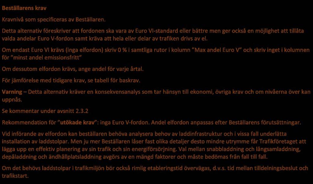Beställarens krav Trafiken ska utföras med fordon i utsläppsklass Euro VI eller bättre förutom nedanstående maximalt tillåtna andelar av kilometerproduktionen per kalenderår.