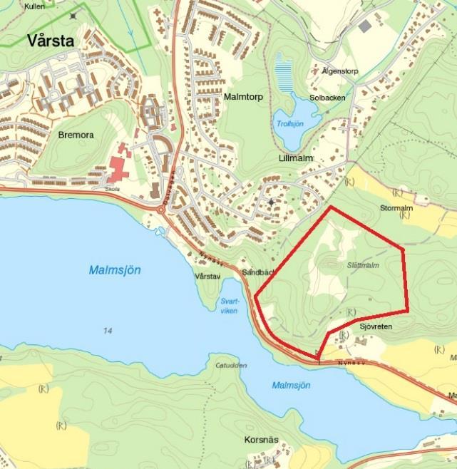 Slättmalm i Vårby. På ett ca 15 ha stort område (planområdet är 24,4 ha) planerar Villamarken att uppföra ett nytt bostadsområde med lokalgator, förskola och lekpark.