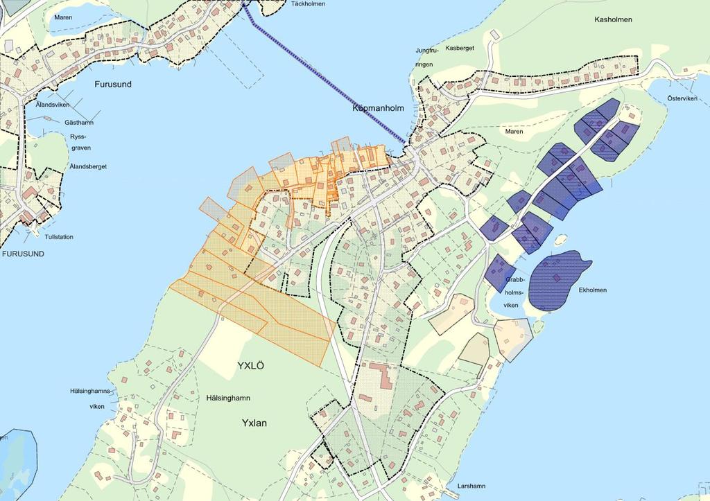 Figur 1. Köpmanholm. Fastigheter som berörs av pågående utbyggnad markerade med orange.