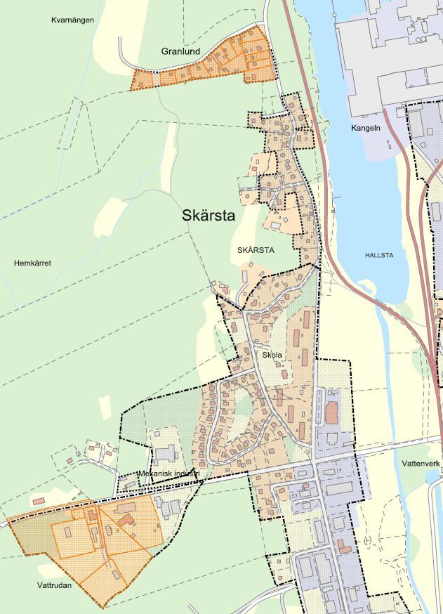 Figur 3. Skärsta och Vattrudan. Beslutat men ännu ej utbyggt verksamhetsområde markerat med orange.