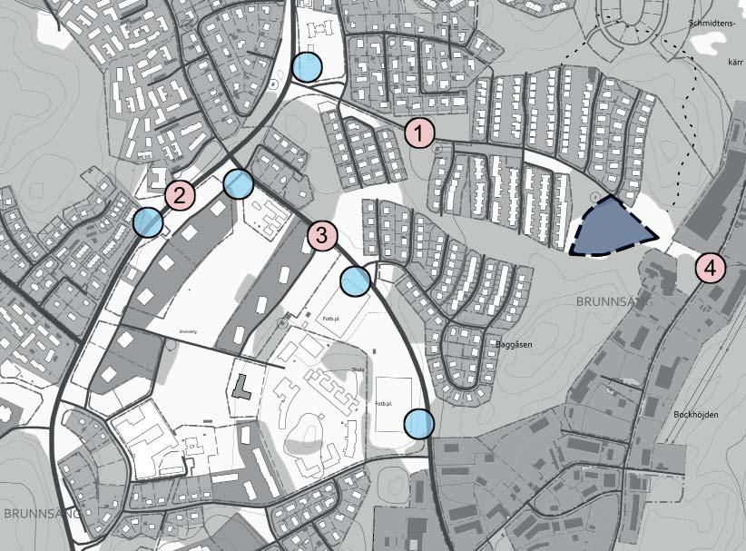 Gator och trafik Befintligt och nytt gatunät Planområdet angörs från Baggåsvägen i norr. Den vägen sträcker sig väster ut bort mot Birkavägen. Ett stort antal gång- och cykelvägar finns i närområdet.
