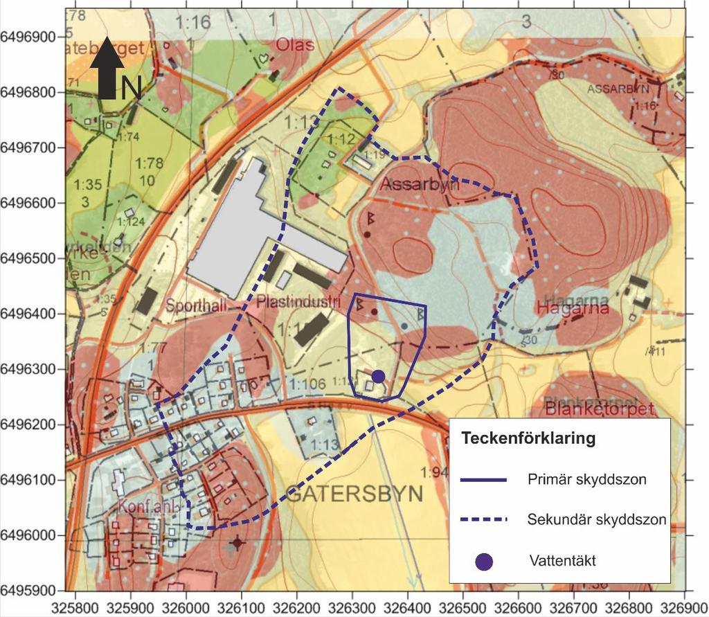 Figur 9 Förslag på primär och sekundär skyddszon. Gränserna är inritade på fastighetskartan med geokartan överlagrad. 7.
