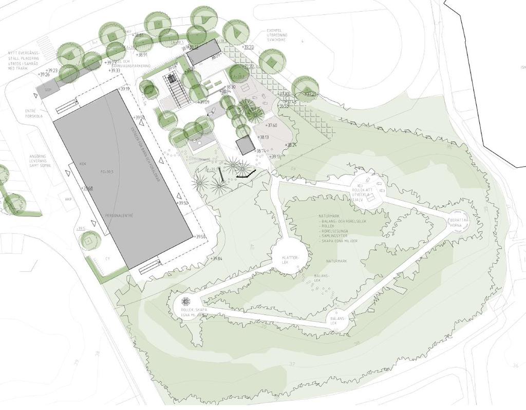 Utredningsområdet kommer efter exploatering att bestå av en skolgård med delvis skogsmark, parkeringsytor samt förskolebyggnad. En ritning av skolområdet kan ses i figur 12.