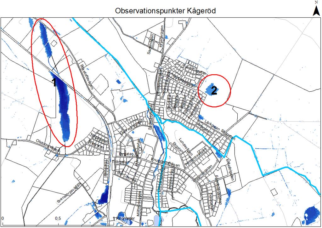 Figur 12. Observationskarta Kågeröd. Tabell 1. Beskrivning observationspunkter Kågeröd.
