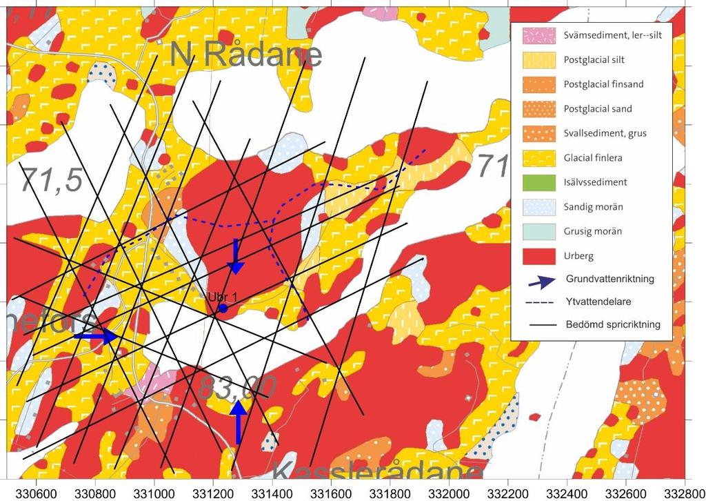 Figur 2. Hydrogeologisk karta (SGUs kartgenerator). I figuren är den bedömda sprickbilden redovisad. 4.4 Berggrund Enligt SGUs berggrundskarta över Älvsborgs län, Ser. Rapp.