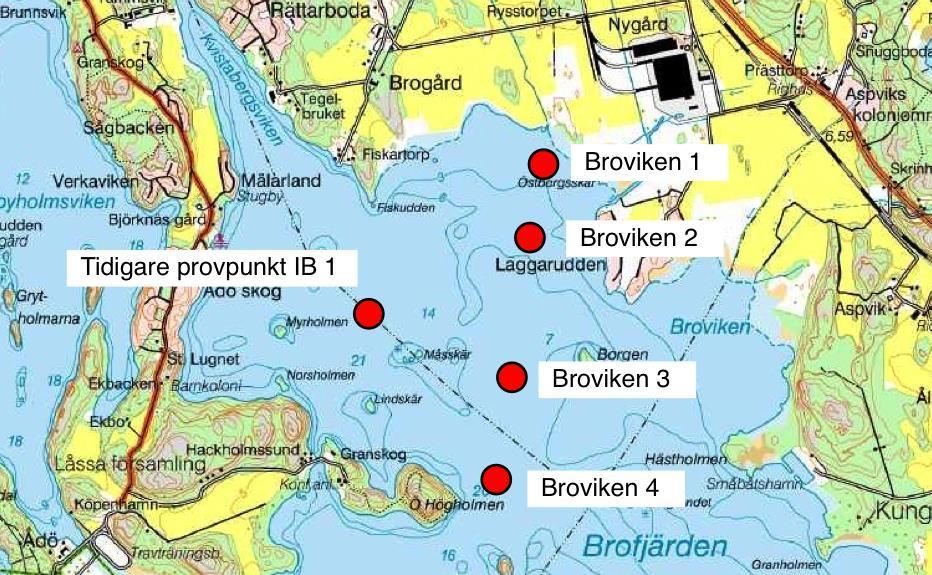 - Prioriterade ämnen Figur 3. Ungefärliga lägen för provtagning av vatten, sediment och bottenfauna i Broviken. För precisa provtagningspunkter, se tabell 3. Tabell 4.