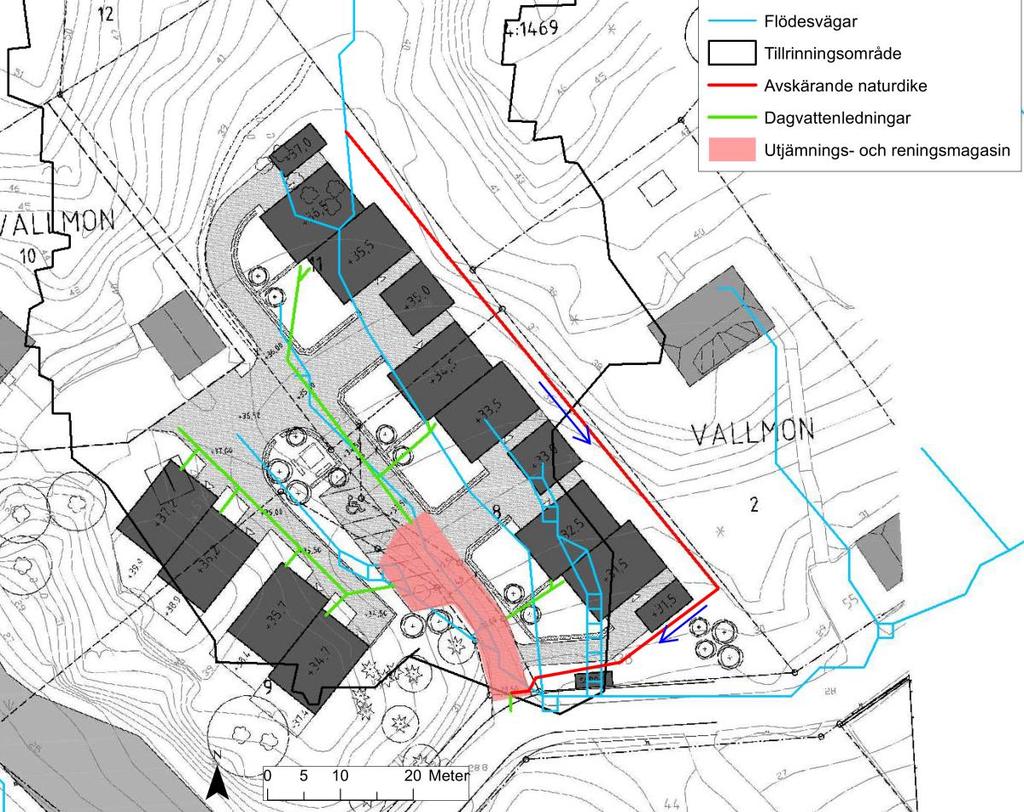 Figur 7. Föreslagen dagvattenhantering på tomten Vallmon 8-11 med nuvarande flödesvägar inritade. Figuren visar ungefärlig placering för dike, dagvattenledningar och utjämnings- och reningsmagasin.