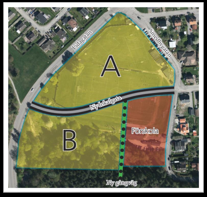 N FIGUR 1. YTOR, A: SMÅHUSBEBYGGELSE (35 BOSTÄDER) B: FLERBOSTADSHUS (5ST) OCH FÖRSKOLE OMRÅDE.