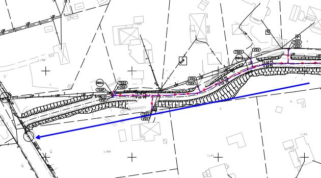 Ledning vid/i gång- och cykelväg ner mot Boo-strandväg /000, se ritning R---0 ansluter till dike.
