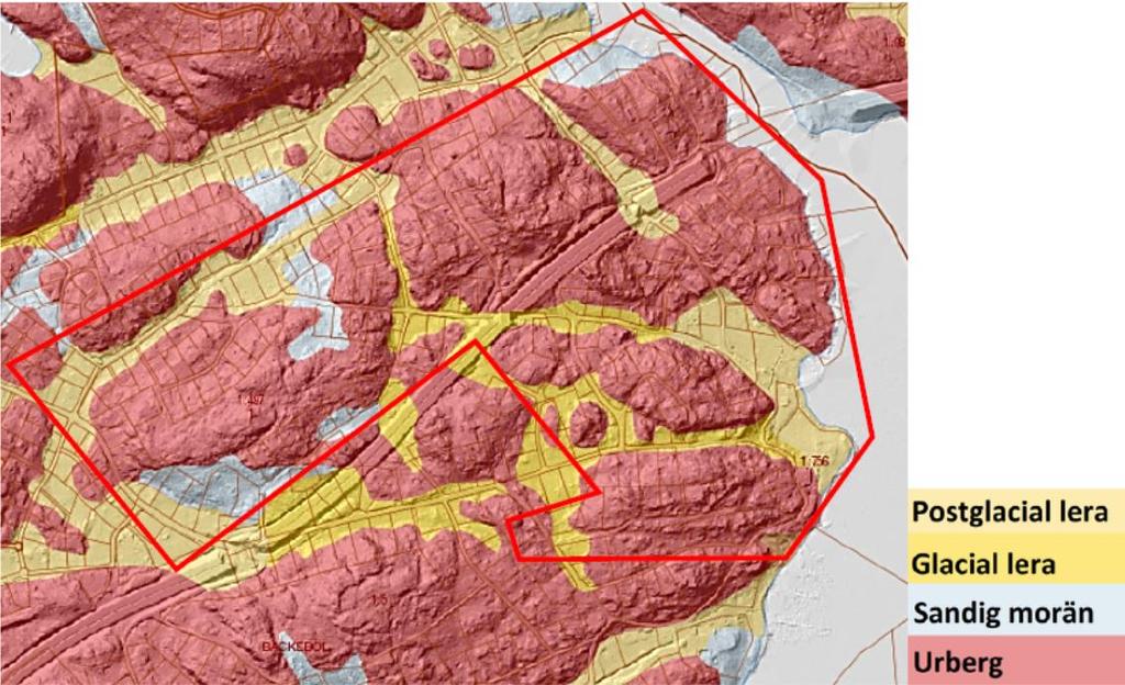 -0-, Rev -0- Projektnummer Den kuperade terrängen och de överlag dåliga infiltrationsmöjligheterna gör det svårt att få till infiltration på fastigheterna. Se figur för en jordartskarta.