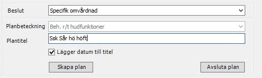 Börja alltid plantiteln med yrkeskategori (prefix), AT, DT, FT/SG, LOG eller SSK. Det är viktigt att plantiteln tydliggör vad planen handlar om. Klicka sedan på skapa plan.