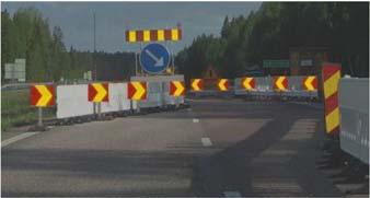 8.9 Körledning För att ge en bra körledning längs arbetsplatsen används markeringsskärm för sidohinder. Vid sidoförflyttning av trafiken används enkla markeringspilar.