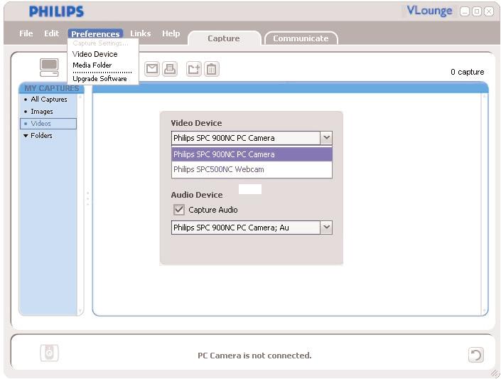 Chapter Använda webkameran VLounge Alla applikationer kan nås via applikationen Philips V(ideo)-Lounge. VLounge är den normala applikationen för enkel åtkomst till din Philips webkamera.