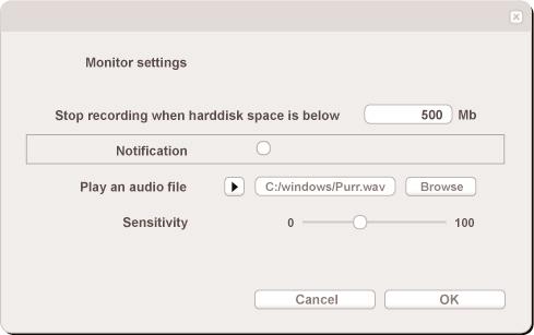 Chapter Använda webkameran Inställningar för övervakning Klicka på för att komma till menyn Monitor settings (övervakningsinställningar). > Följande dialogskärm visas.