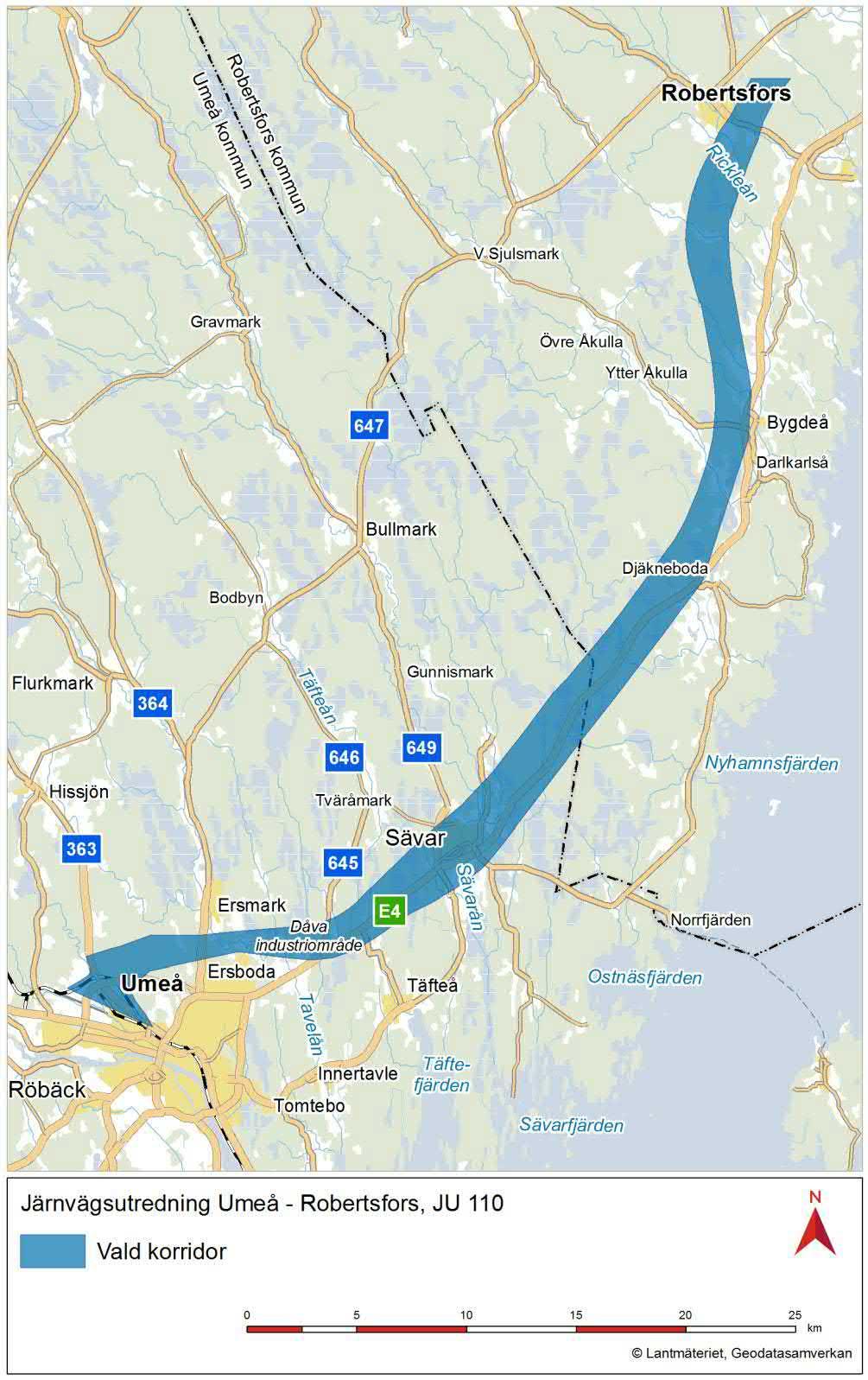 Figur 4 Beslutad korridor för sträckan Umeå Robertsfors, JU 110. 1.4.3.