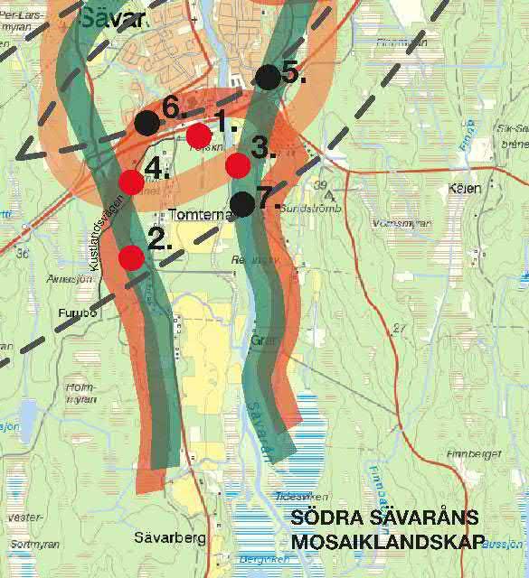 Figur 15 Känslighet och potential inom karaktärsområdet Södra Sävaråns mosaiklandskap Känslighet 1. Ändrade förhållande som påverkar forskningskontinuiteten på Skogforsk 2.