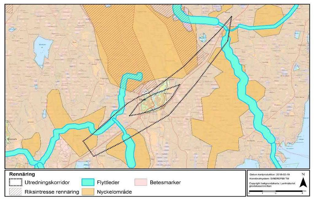 Figur 19 Viktiga områden för rennäringen inom utredningskorridoren (Renbruksplan för Rans sameby 2017) samt (Lantmäteriet, 2017).