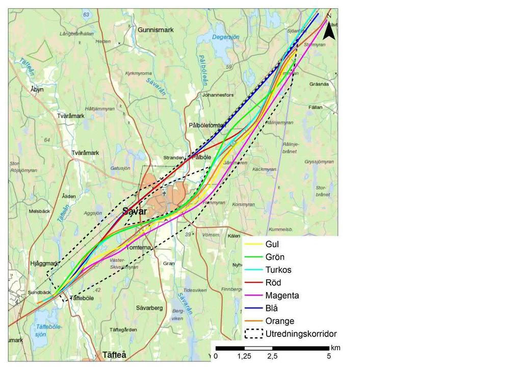 I figuren nedan visar de studerade alternativen geografiskt och här bör tilläggas att även om linjerna kan upplevas ligga nära varandra så har de alla ett specifikt syfte som nämnts ovan.