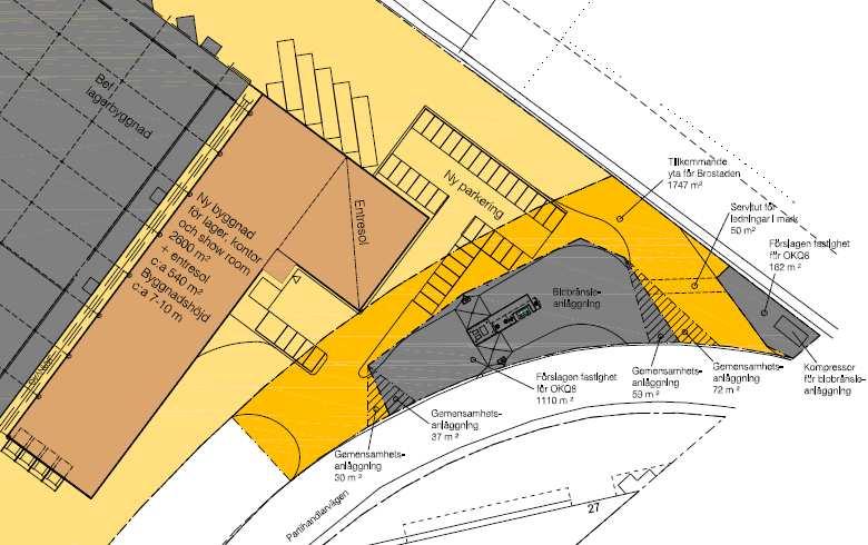 Sida 8 (9) Planillustration: Förslag till tillbyggnad, in-och utfart till fastigheten Godståget 1 samt drivmedelsanläggning inom del av Årsta 1:1. Miljöbedömning En behovsbedömning har gjorts.