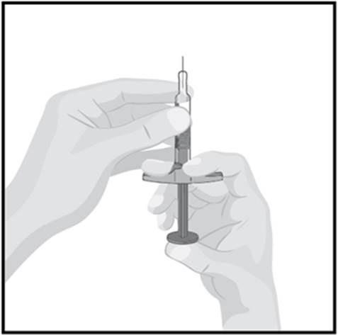 Rör inte nålen med dina fingrar eller låt inte nålen vidröra något annat. STEG 5 Håll den förfyllda sprutan med nålen riktad rakt upp.