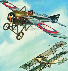 BILD 3. Ankarkabelmetoden. Bilden (bild 3) visar felaktigt att ankaret släpas av en ensitsig Morane Saulnier typ N. Det var ett midvingat monoplan som kom i tjänst 1914.