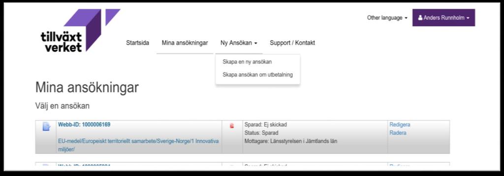 Min ansökan Skapa en ny ansökan Klicka