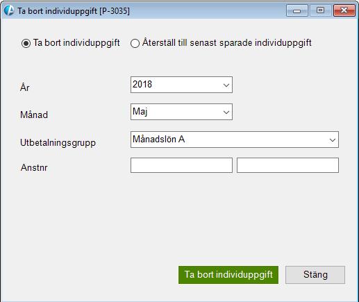 1.4.1 Ta bort individuppgift Ta bort individuppgift innebär endast att uppgifterna tas bort från rapporten och personen markeras som borttagen med fältkod 205 Borttag i filen för AGI.