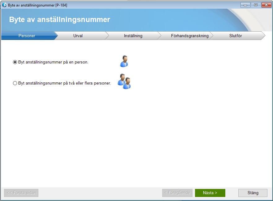 Funktionen finns under Servicerutiner > Byte av anställningsnummer och bytet sker per företag. Du kan välja att byta på en eller flera personer samtidigt.