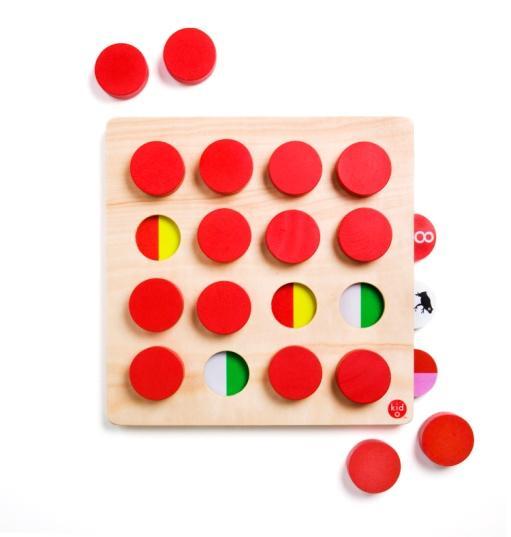 : KO-324 Ett exklusivt och färgglatt inlärningsspel av massivt trä med en fin finish. Spelet innehåller 4 stycken dubbelsidiga kort för 8 olika spel. Korten är laminerade för lång hållbarhet.