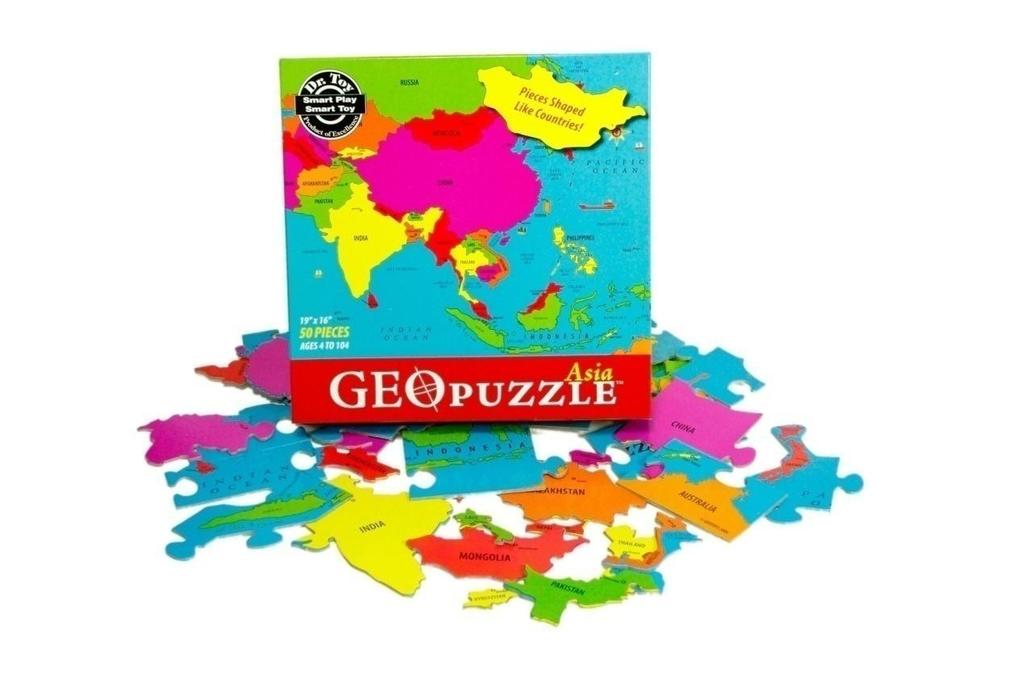 GEOPuzzle Asien Prod. nr.: GP-303 GeoPuzzle Asien är ett unikt pussel som gör hela Asiens geografi roligt! Pusselbitarna är skurna längs med landsgränserna och är därför formade som de olika länderna.