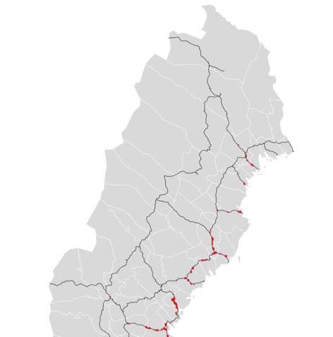 14 Figur 2: Karta över Sverige som visar järnvägsstråk med risk för vibrationer. Röd färg indikerar att nivåer över 0,7 mm/s vägd RMS kan förekomma 4.6.