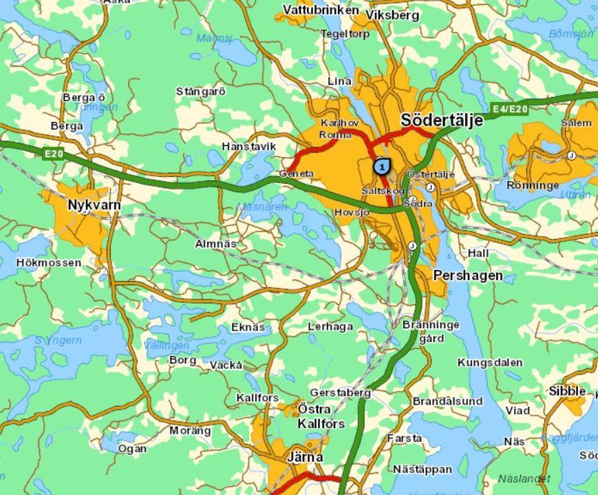 Figur 1 visar hur Almnäs ligger mellan europavägarna, Nykvarn och Södertälje.