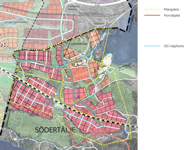Figur 2 visar utredningens omfattning. Utredningsområdet är omgärdad av E20 i norr och mindre vägar i väster, öster och söder. En ny trafikplats byggs på E20 vid Almnäs trafikplats.