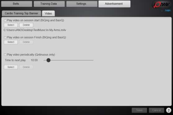 Annonser i Cardio Training Video Med annonsfunktionen har Ni möjlighet att med video visa intern eller extern reklam från partners/sponsorer. Videovisning ersätter då pulsvisningsrutorna.