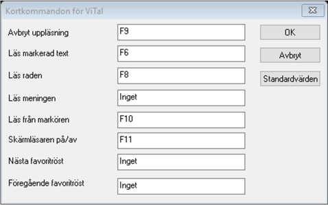 Kortkommandon i ViTal Vid användning av andra än Microsoft Word program, kan du fortfarande använda ViTal för att läsa texten.